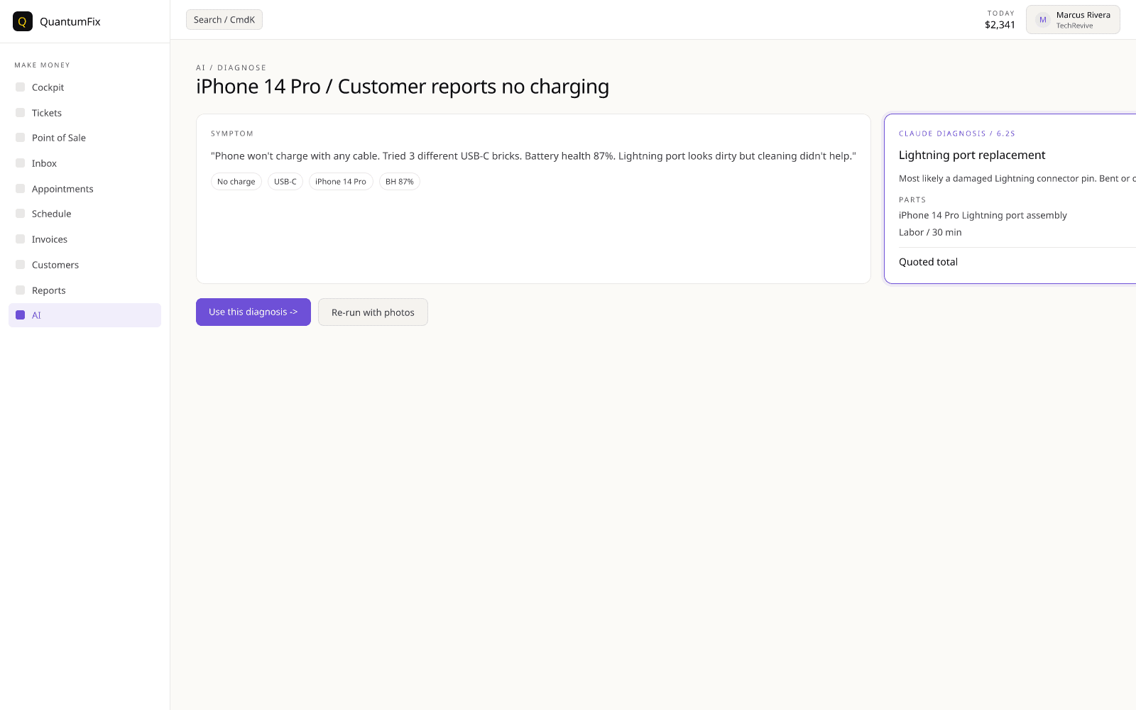 AI diagnostic assistant — QuantumRepair product screenshot