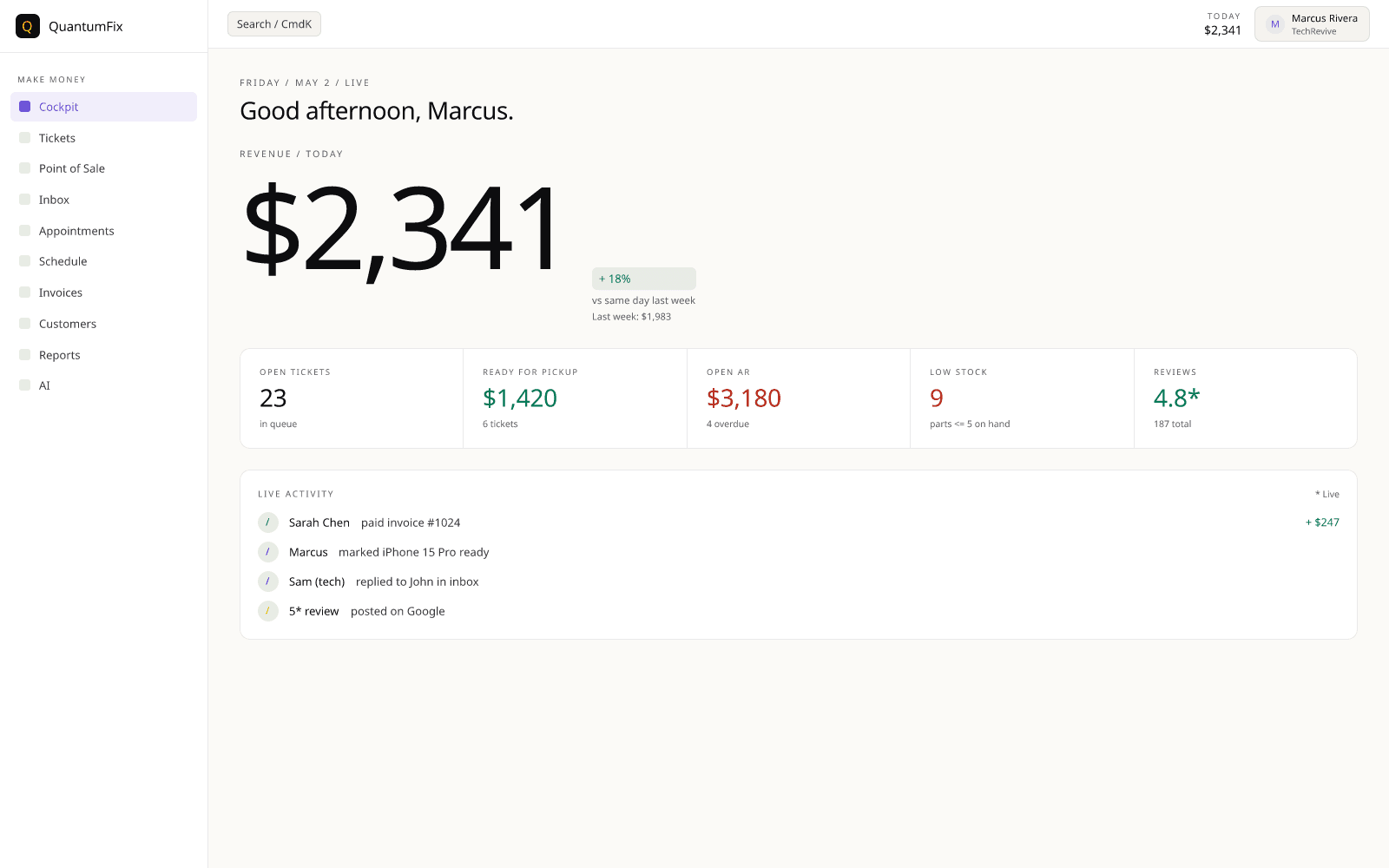 QuantumRepair cockpit dashboard — real shop on real data